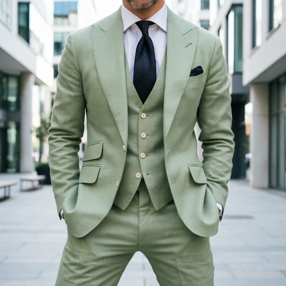 スカイブルーリネンメンズウェディングタキシード3ピースプロム - Men Formal Wear For Summer のレビューと価格
