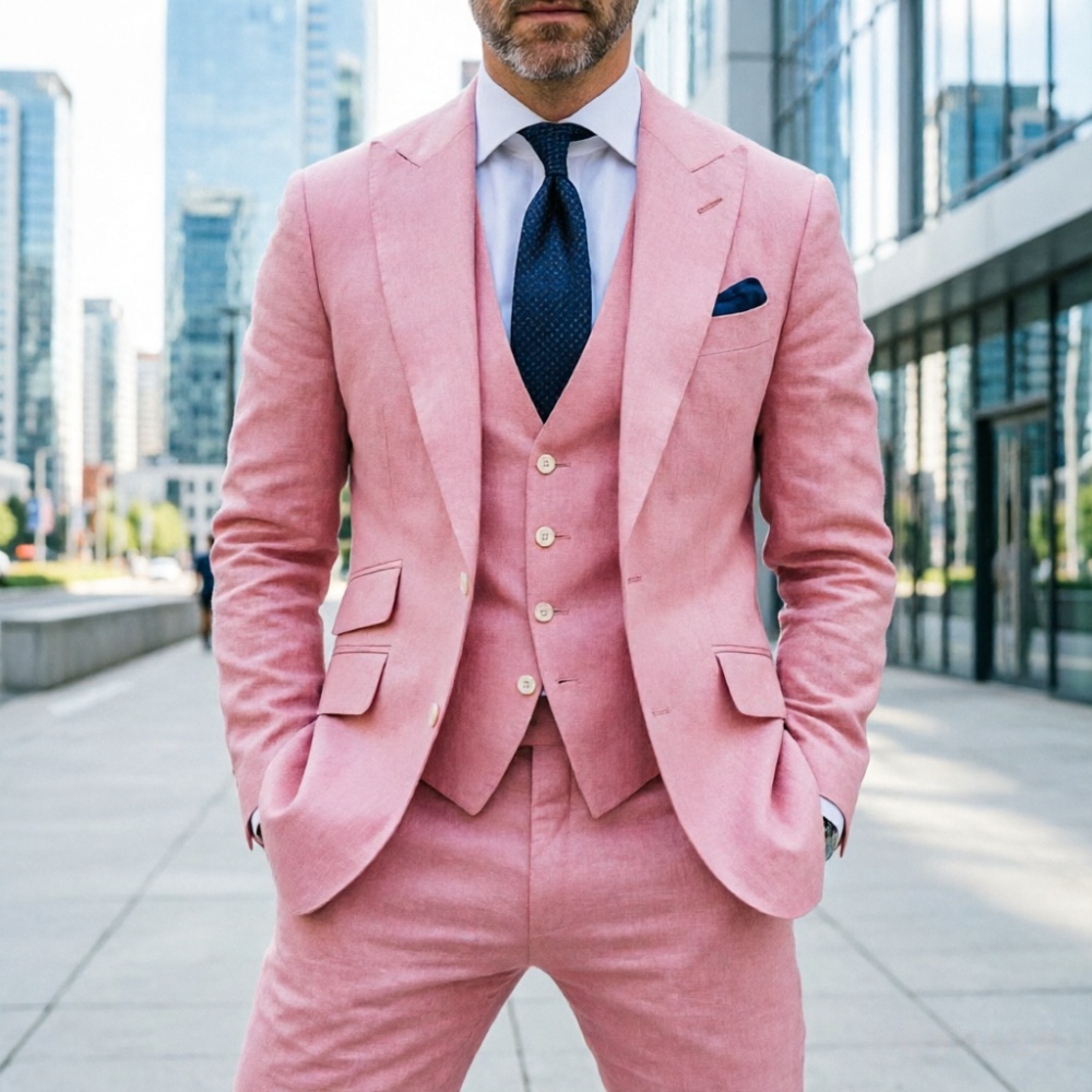 スカイブルーリネンメンズウェディングタキシード3ピースプロム - Men Formal Wear For Summer のレビューと価格