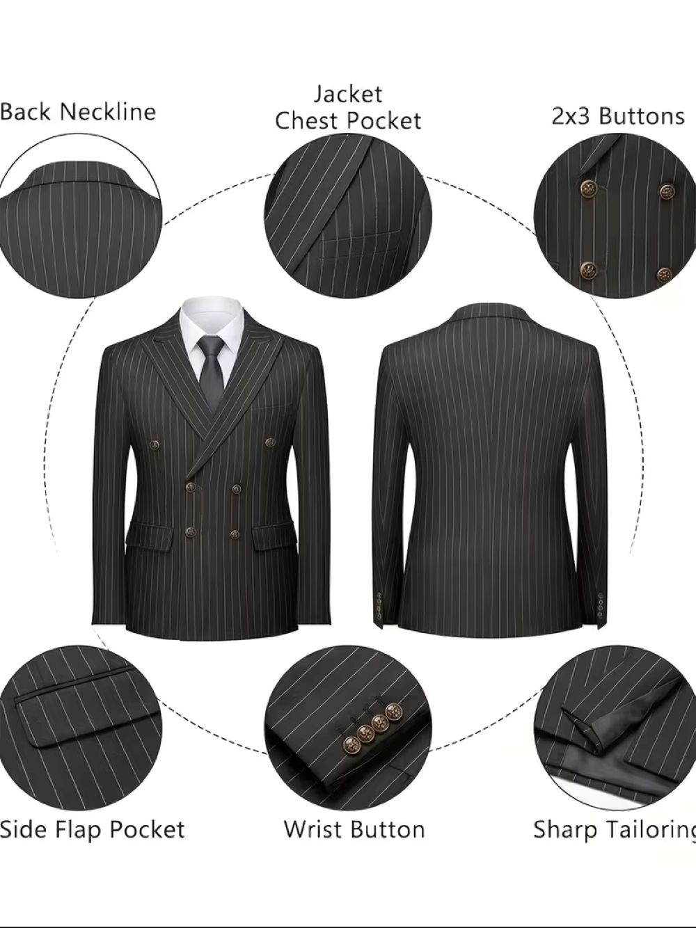   メンズブラックピンストライプダブルブレストブレザー、ピー - Formal Wear For Men Black Suit のレビューと価格